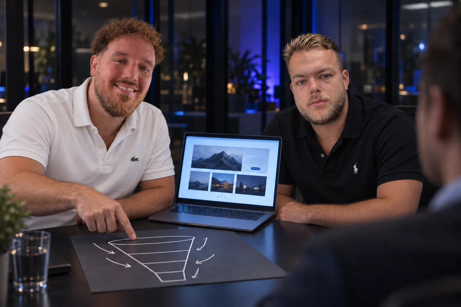 Dikkie and Simon presenting a free concept design; the laptop scrolls through the delivered SLK Techniek website