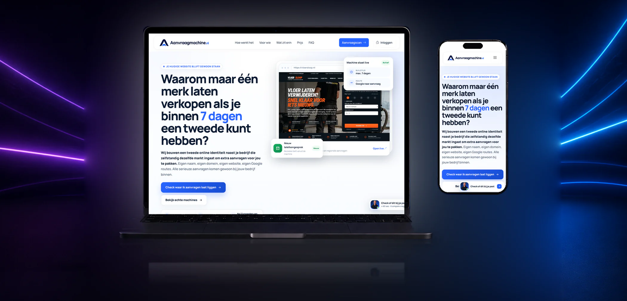 De website van Aanvraagmachine.nl op laptop en telefoon