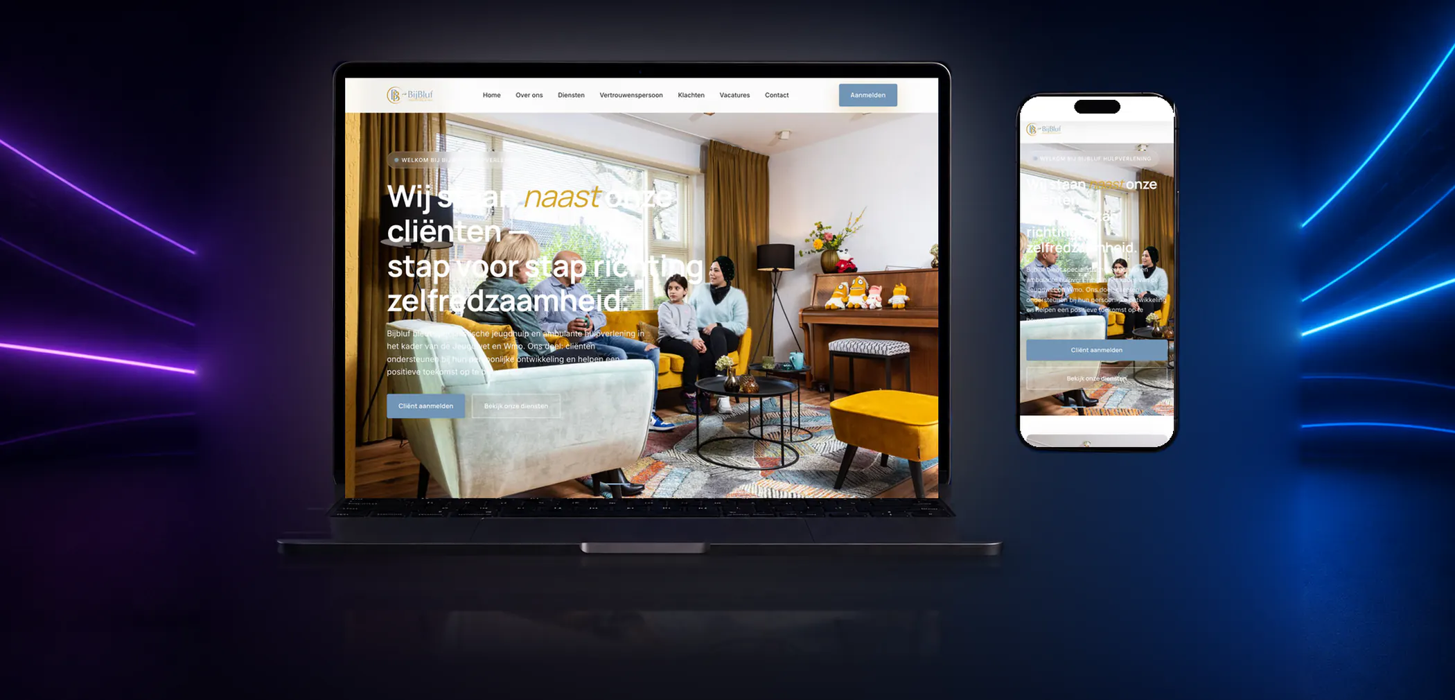 Nieuwe website van BijBluf Hulpverlening op laptop en telefoon