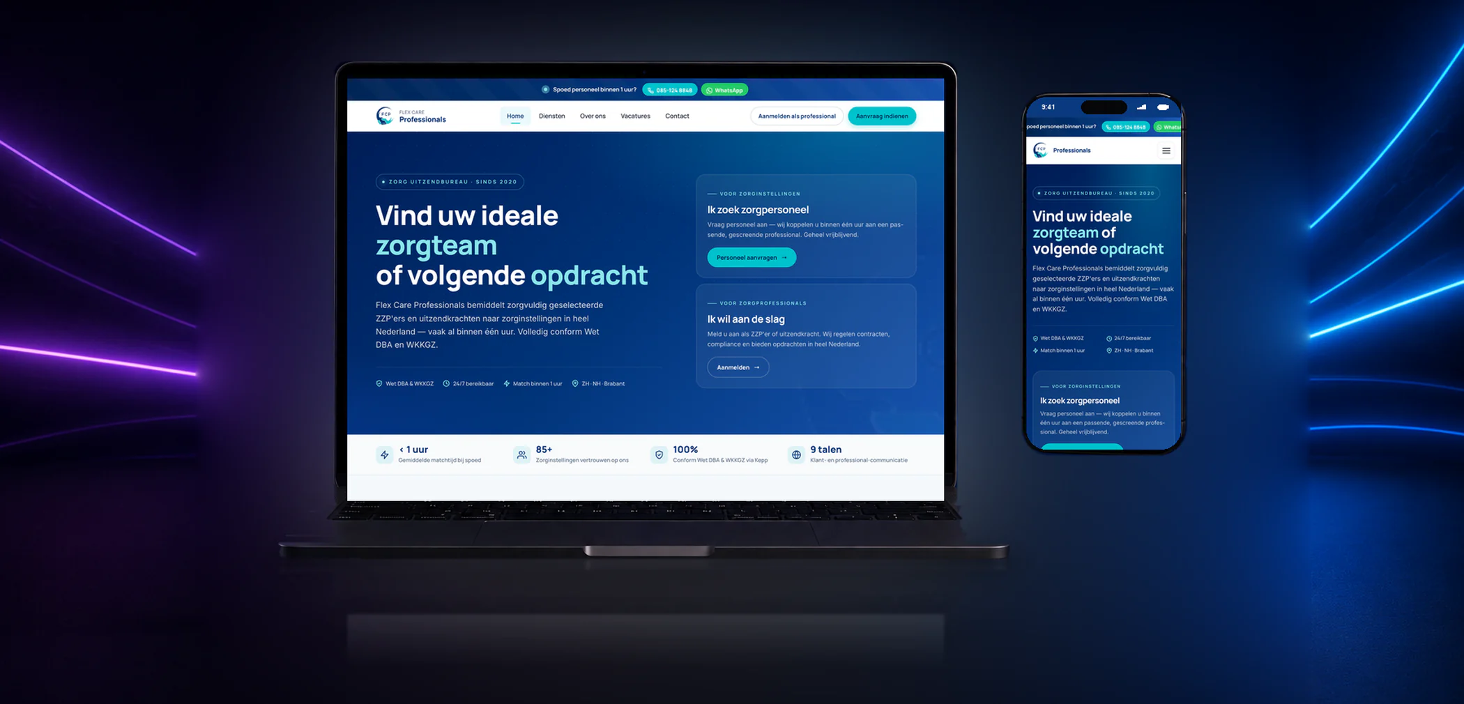 Nieuwe website van Flex Care Professionals op laptop en telefoon