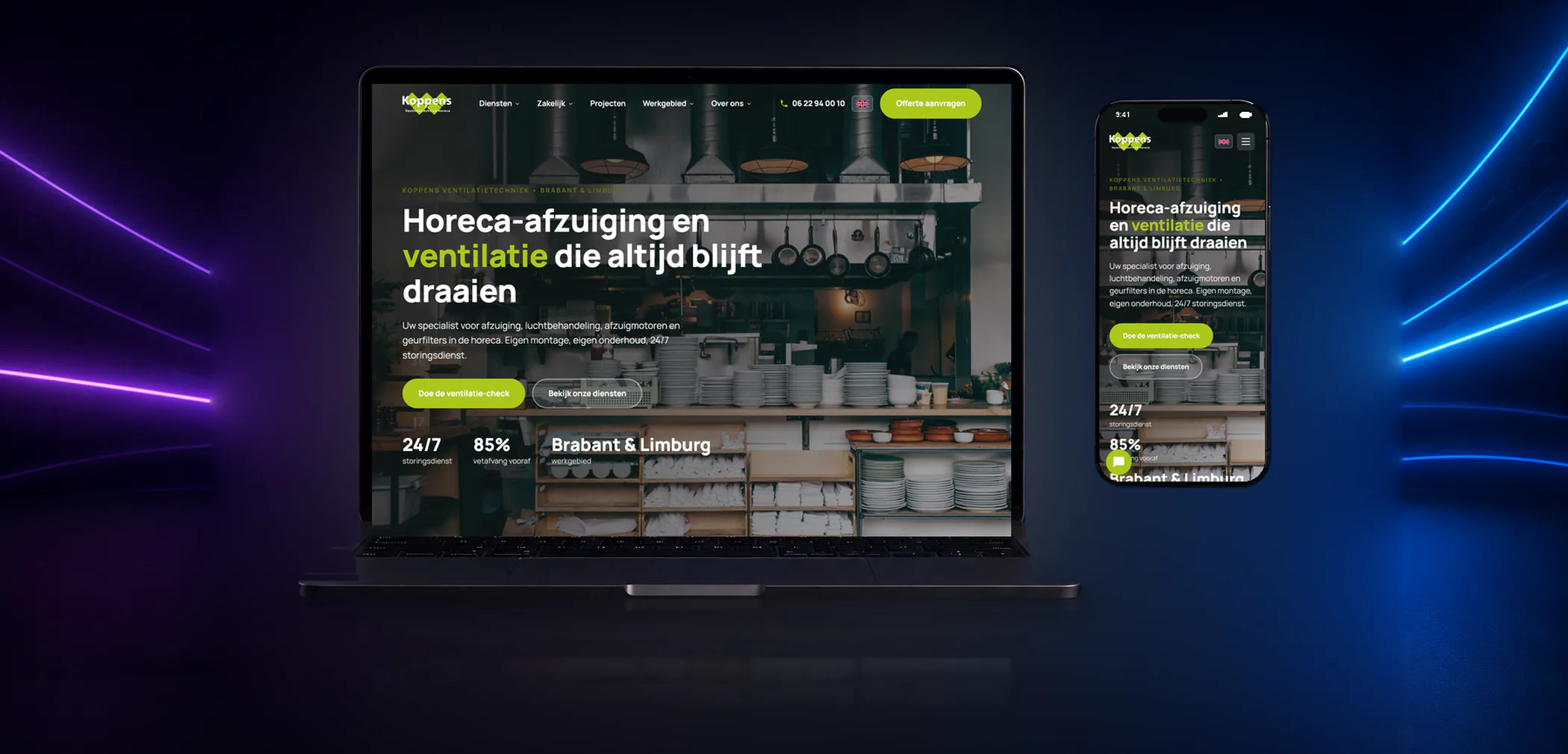 Website van Koppens Ventilatietechniek op laptop en telefoon