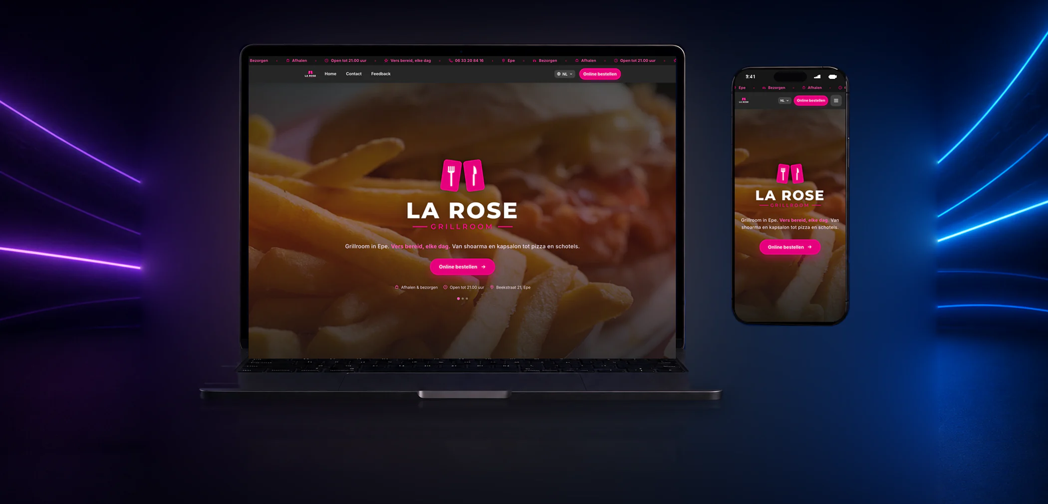 Nieuwe website van La Rose Grillroom op laptop en telefoon
