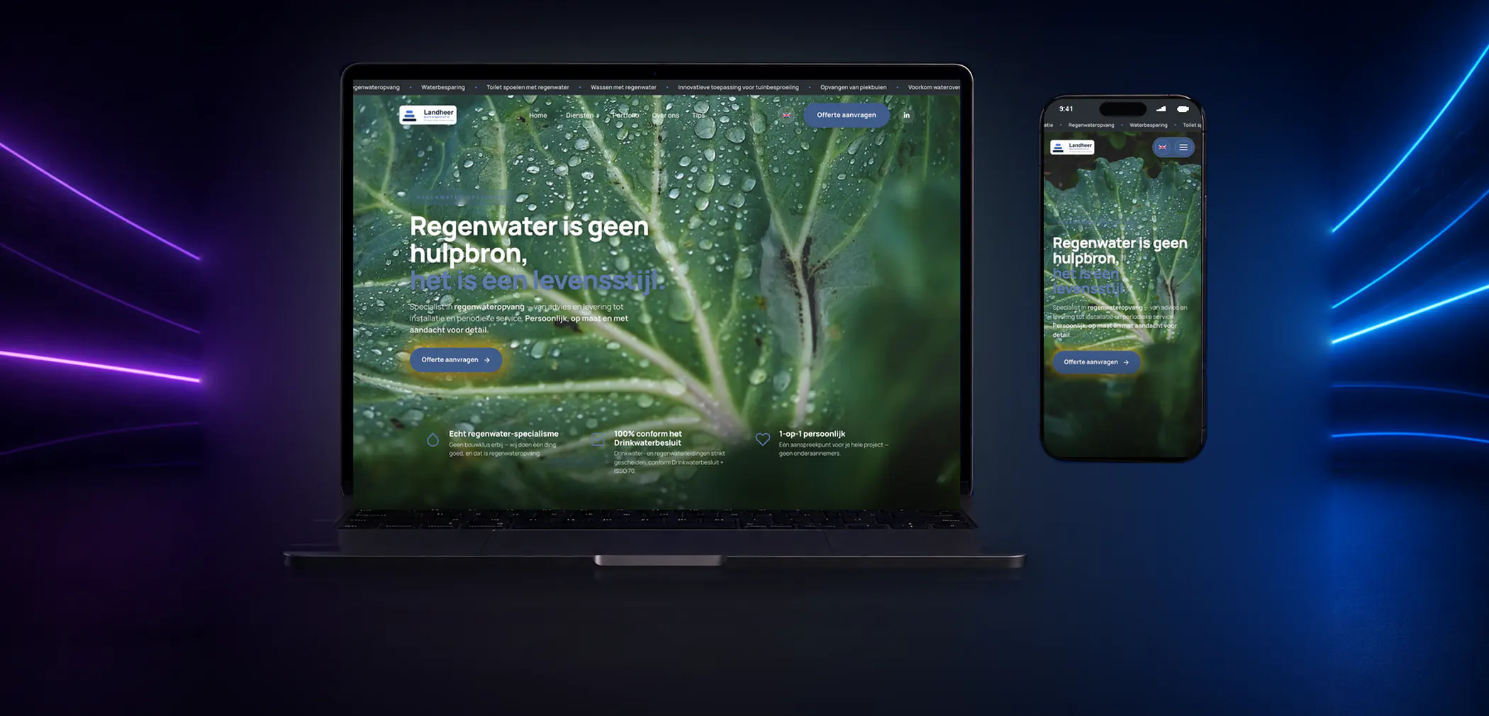 New Landheer Waterinnovatie website on laptop and phone