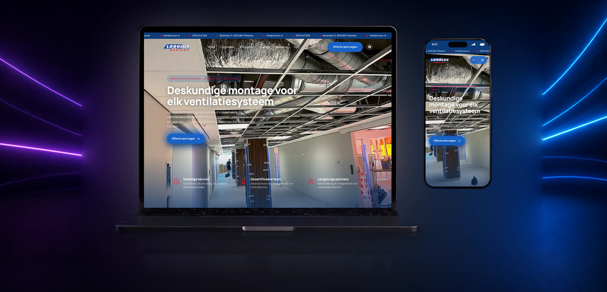 Nieuwe website van Lorolux Montage op laptop en telefoon