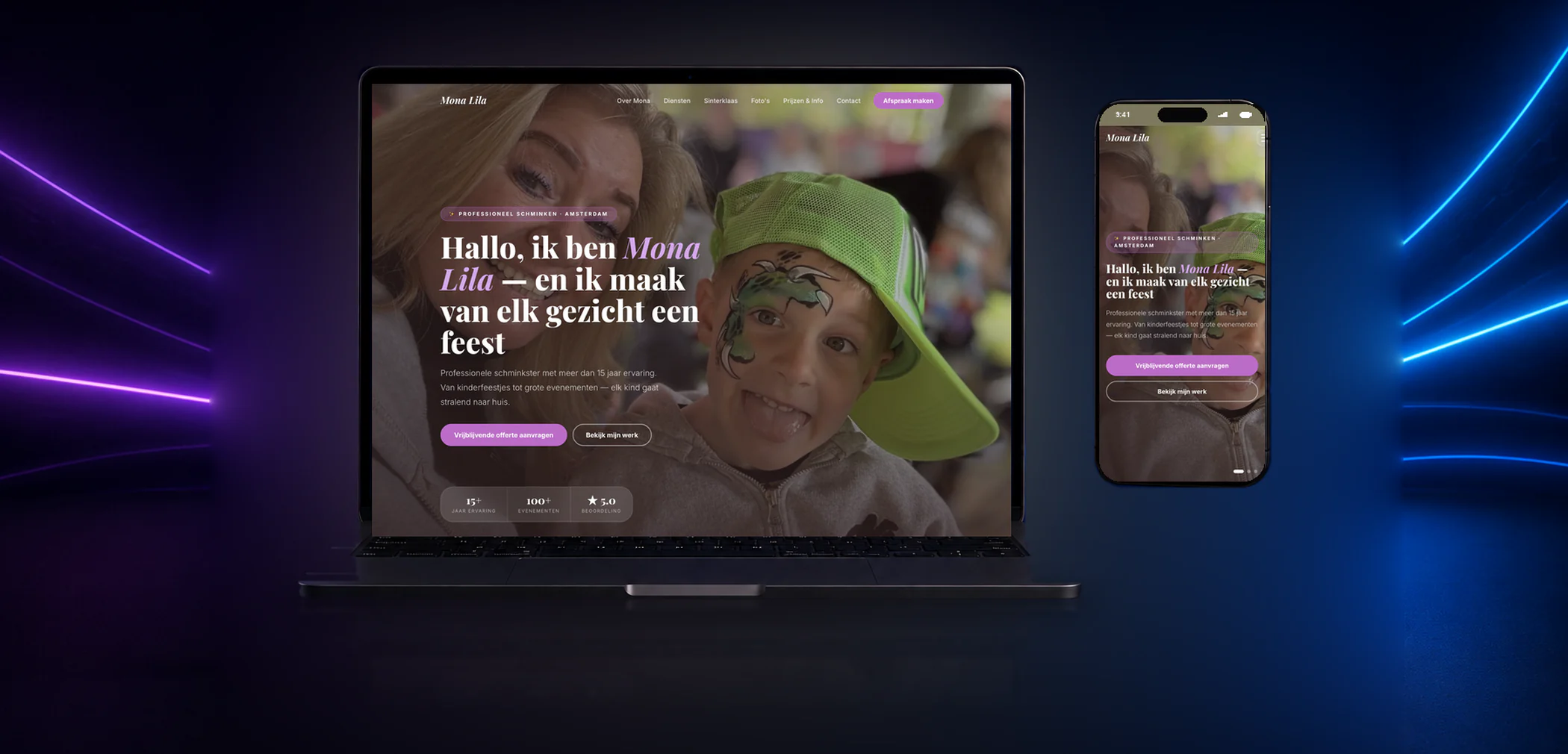 Nieuwe website van Mona Lila op laptop en telefoon