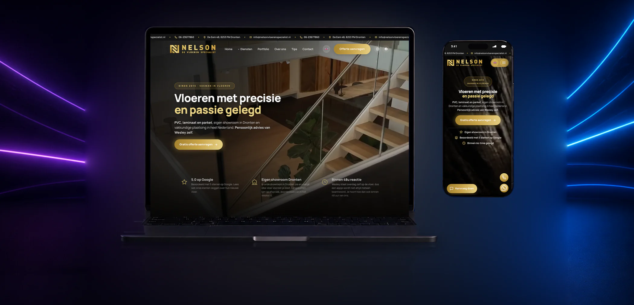 Nieuwe website van Nelson de Vloerenspecialist op laptop en telefoon
