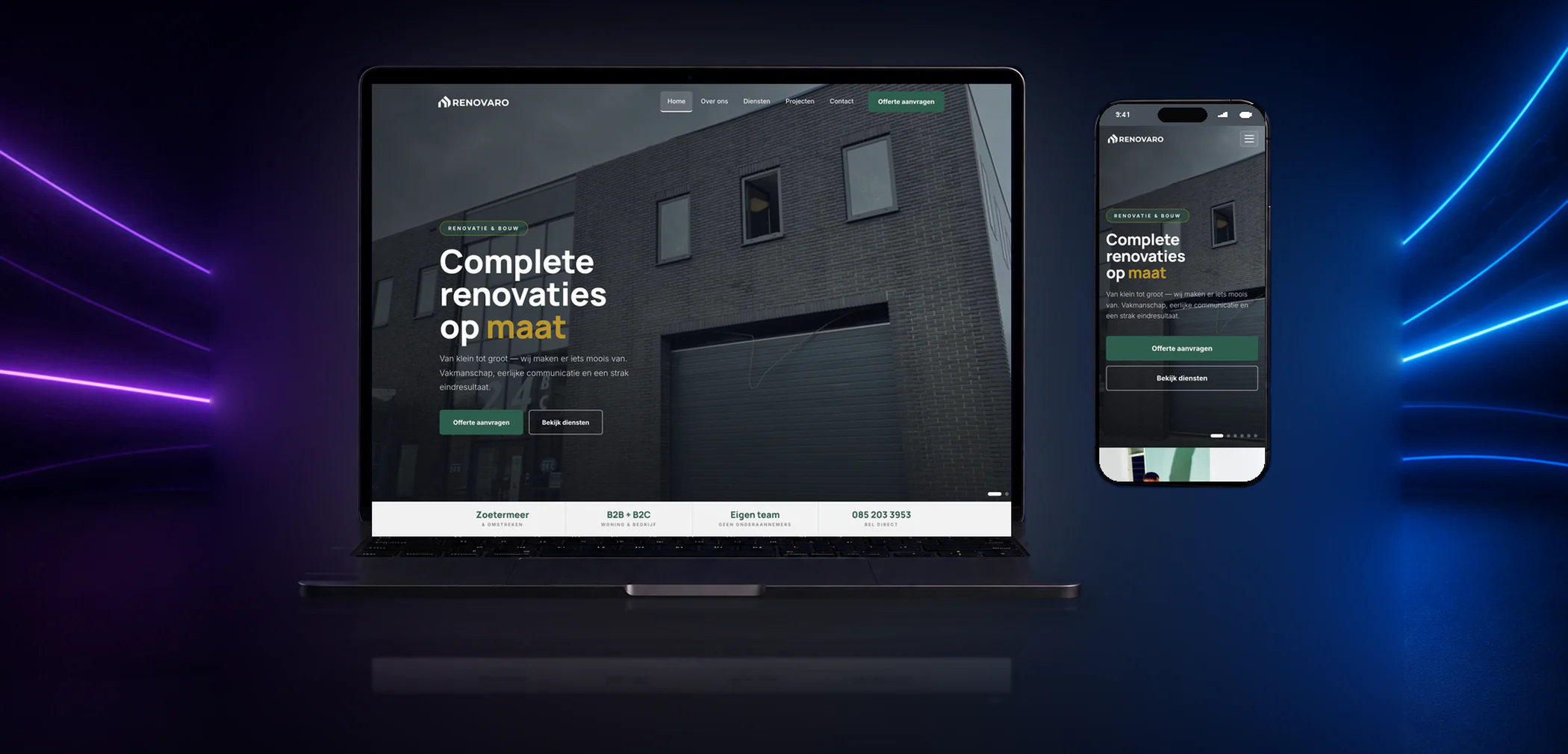 Nieuwe website van Renovaro op laptop en telefoon