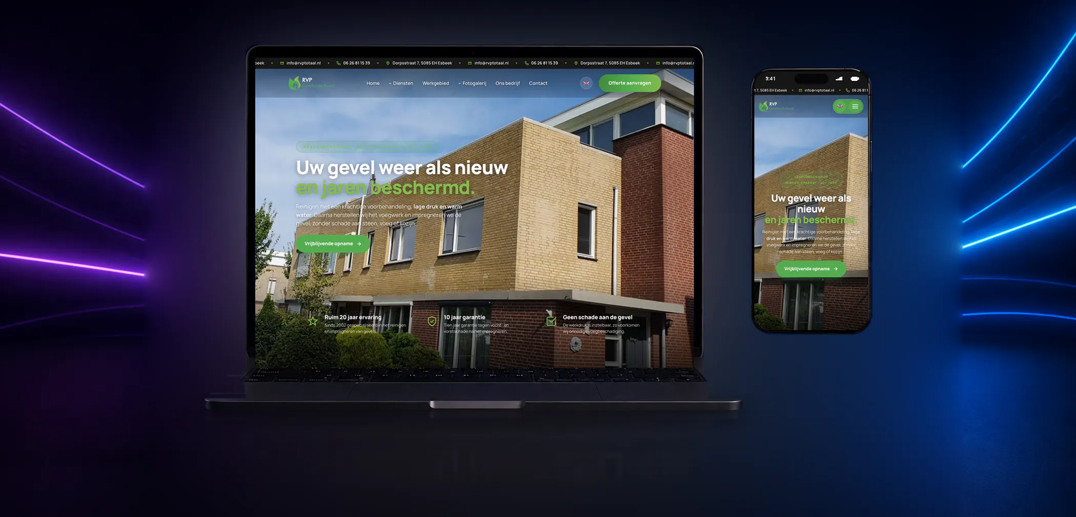 Nieuwe website van RVP Gevelonderhoud op laptop en telefoon