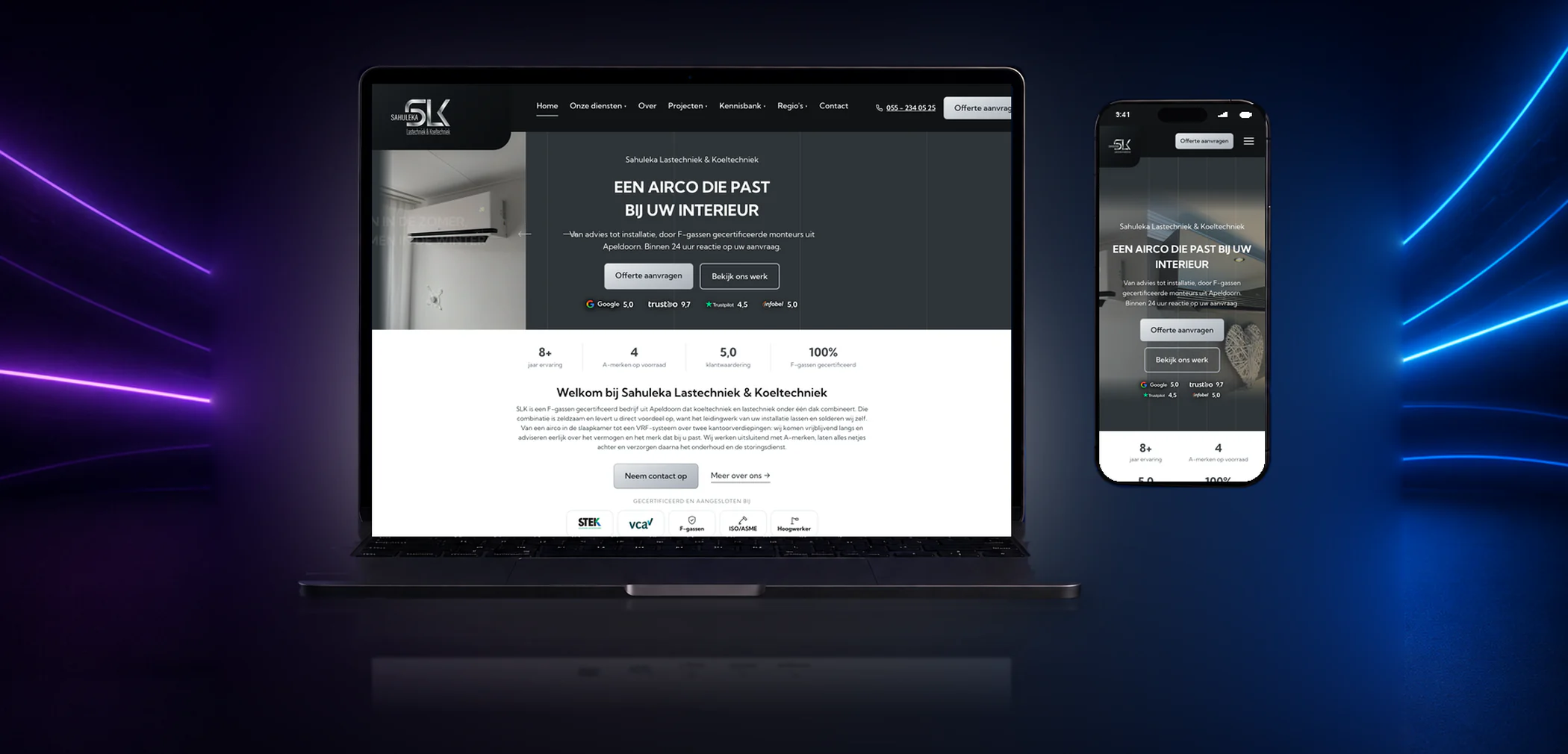 Nieuwe website van SLK Techniek op laptop en telefoon