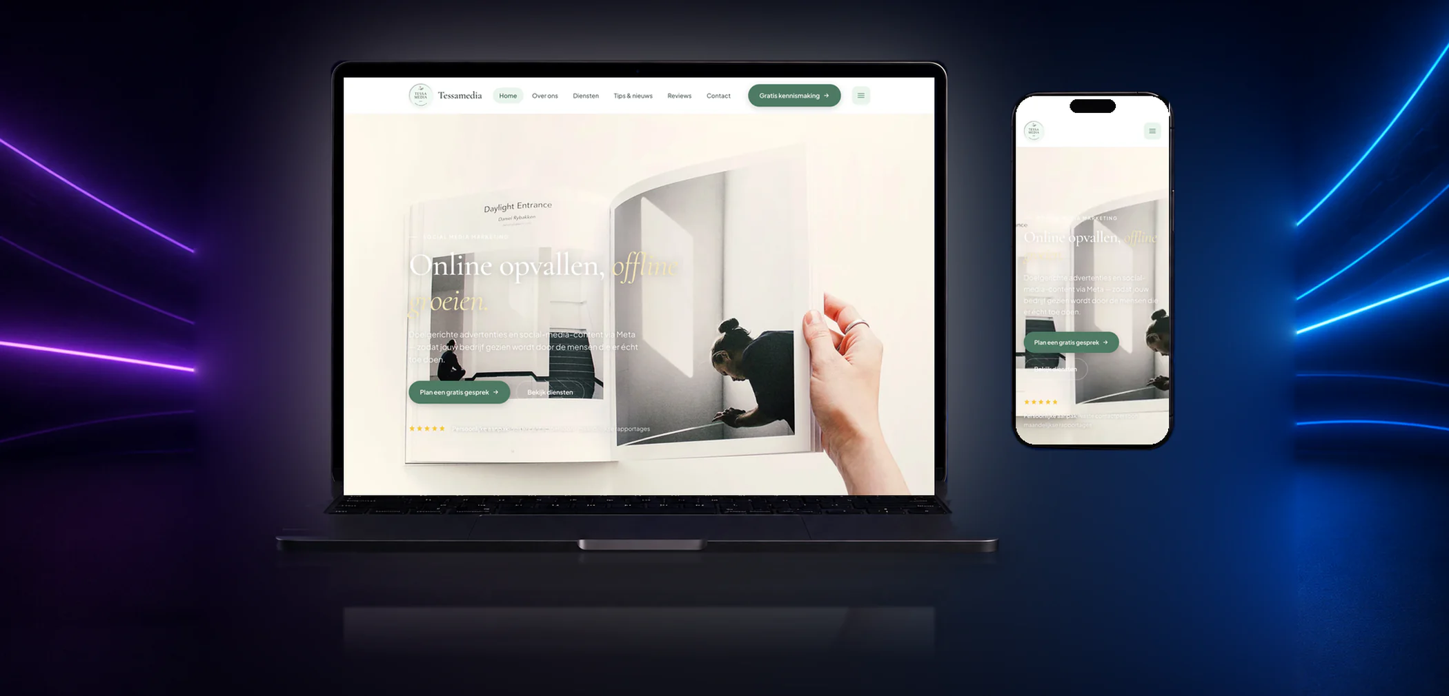 Nieuwe website van Tessamedia op laptop en telefoon