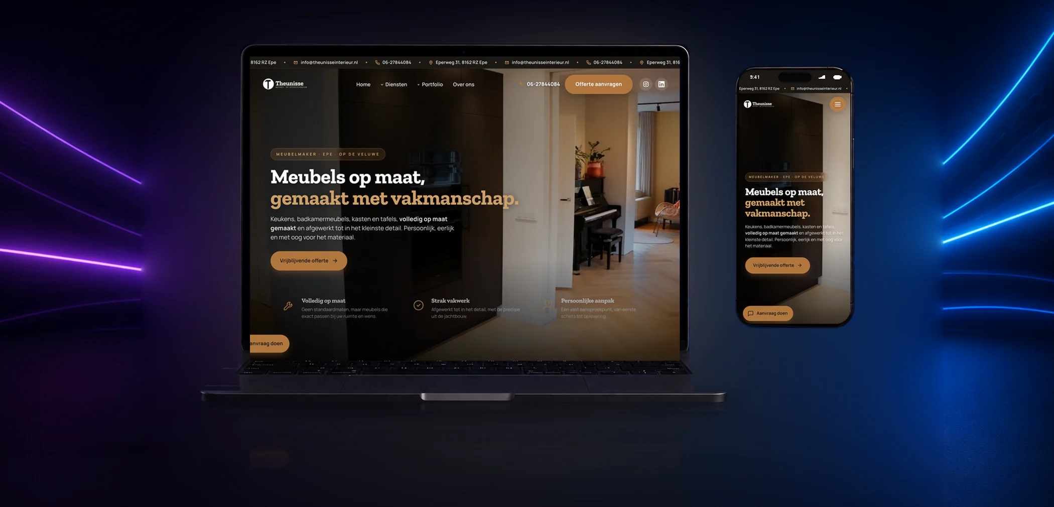 Website van Theunisse Meubel- en Interieurbouw op laptop en telefoon