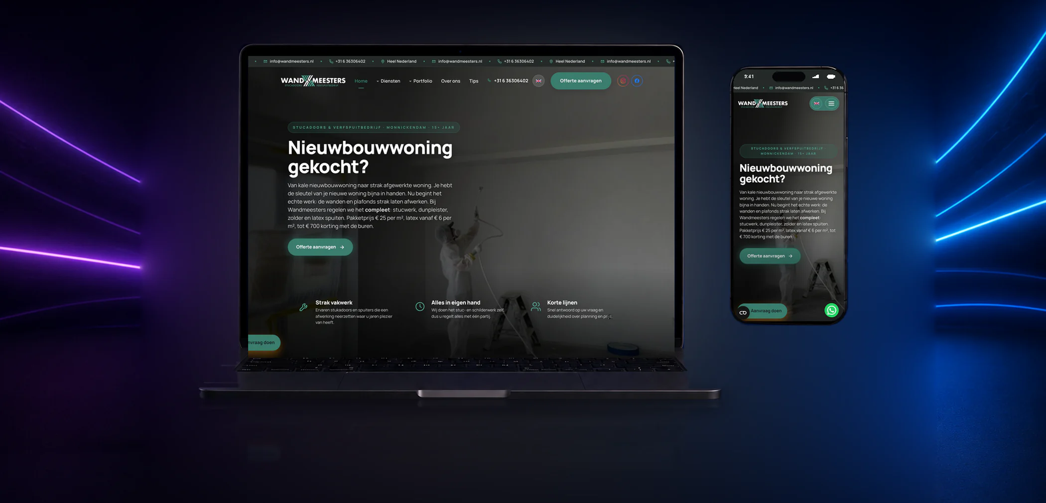 Nieuwe website van Wandmeesters op laptop en telefoon